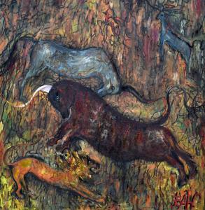 "Prehistoria" - olej, płótno 100 x 100 cm